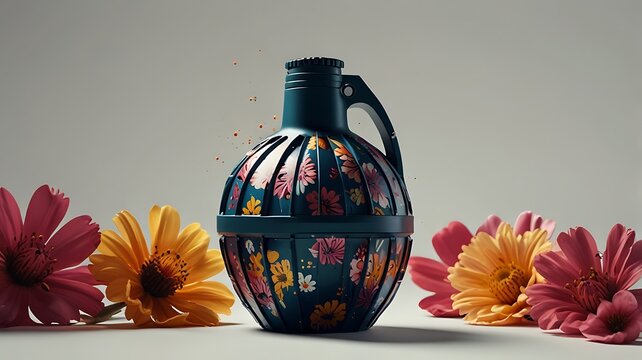 An artistic, decorated water jug surrounded by colorful flowers, creating a sense of freshness and serenity. The jug itself is adorned with floral patterns.