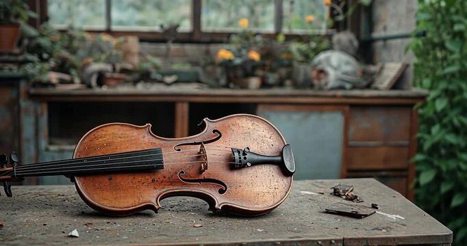 Video still life of a weathered string instrument on a rustic table in a room with overgrown plants. The scene has a moody atmosphere with muted colors