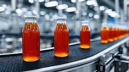 Bottles of amber liquid moving on a conveyor belt in a factory.