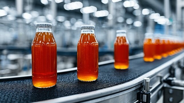 Bottles of amber liquid moving on a conveyor belt in a factory.