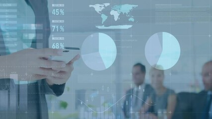 Presenter tapping tablet in meeting room, generating business data overlays and animating charts - Powered by Adobe