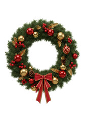 Festive Christmas Wreath Decoration with Red Bow and Gold Ornaments on transparent background