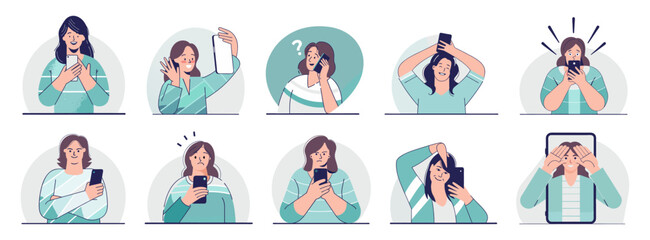 A set of illustrations showing women interacting with mobile phones, displaying various emotions and actions related to calls and messages. Ideal for apps, blogs, tech guides, and digital lifestyle