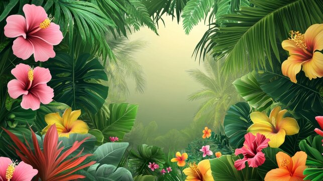 Tropical nature retreat hibiscus-themed flyer design in a lush jungle environment