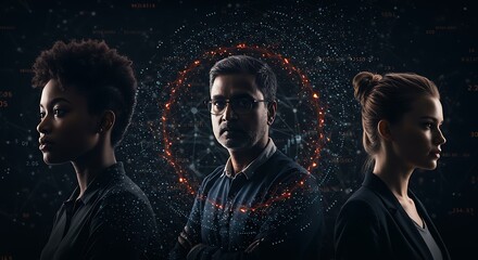 Diverse professionals in tech industry digital data stream and network