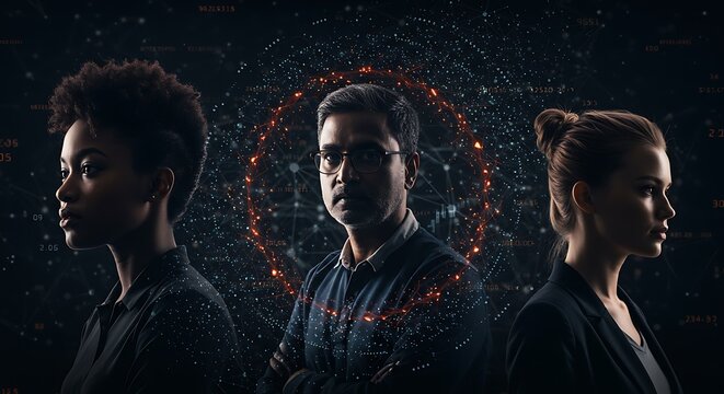 Diverse professionals in tech industry digital data stream and network