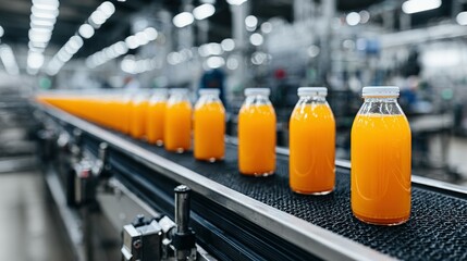 Orange juice bottles on a production line.