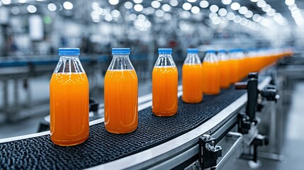 Orange juice bottles moving on an automated production line.