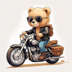 A cute, fluffy teddy bear riding a classic cruiser motorcycle, wearing a black leather jacket, dark sunglasses, jeans, and brown boots.