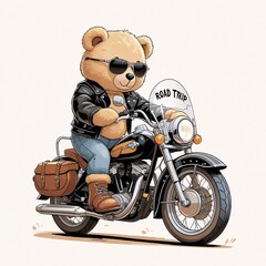 A cute, fluffy teddy bear riding a classic cruiser motorcycle, wearing a black leather jacket, dark sunglasses, jeans, and brown boots.