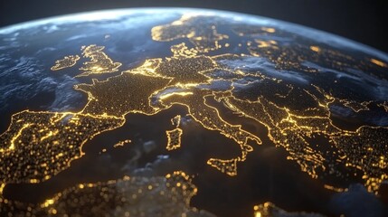 Aerial perspective of a futuristic globe visualizing global connectivity in the digital realm