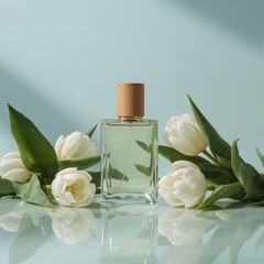 Elegant Fragrance on Blue Background with Flowers

