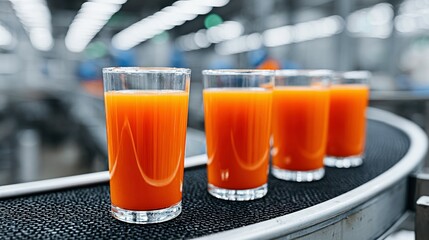 Glasses of orange juice on a conveyor belt.
