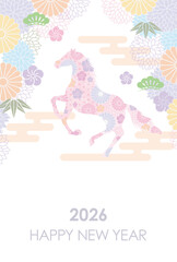 2026, The Year Of The Horse, New Year’s Greeting Card Template With A Prancing Horse Silhouette And Japanese Vintage Floral Patterns. Vector Illustration. 