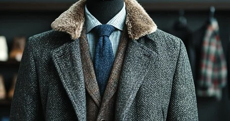 Video of a tailored men's coat and suit displayed on a mannequin in a boutique setting featuring a fur collar and detailed textures
