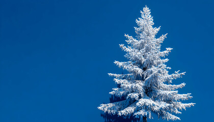 Snow Covered Evergreen Tree Against Blue Sky Winter Scene with White Snow Texture