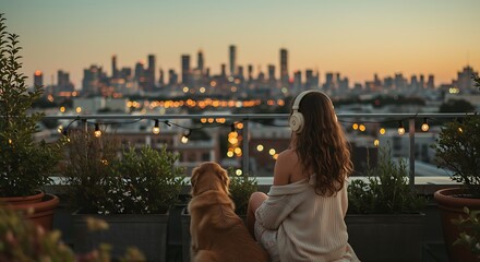 Fototapeta premium Woman and dog enjoying music on rooftop with city skyline at twilight