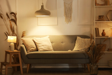Interior of living room with cozy sofa, pampas grass, shelving unit and glowing lamps