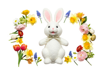 Obraz premium Illustration Easter Bunny with Spring Flowers Wreath and Transparent Background