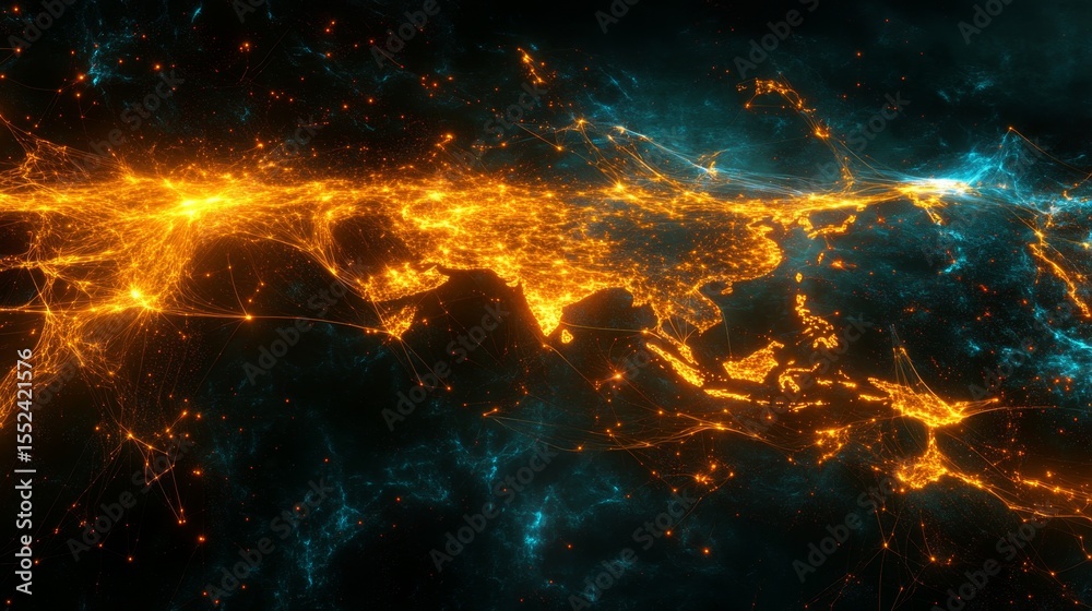 Poster exploring global connectivity a glowing world map with interconnected routes visual data representat