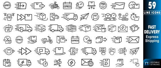 Express shipping and fast delivery line icons simplified for clear understanding. Editable stroke. Vector illustration