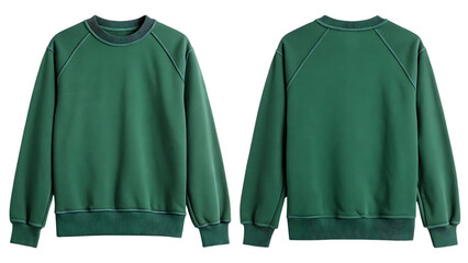 Green crewneck sweatshirt front and back view on transparent background