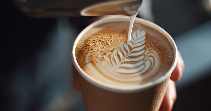 Barista skillfully crafting latte art by pouring steamed milk into a takeaway coffee cup, creating an intricate design of foam and texture