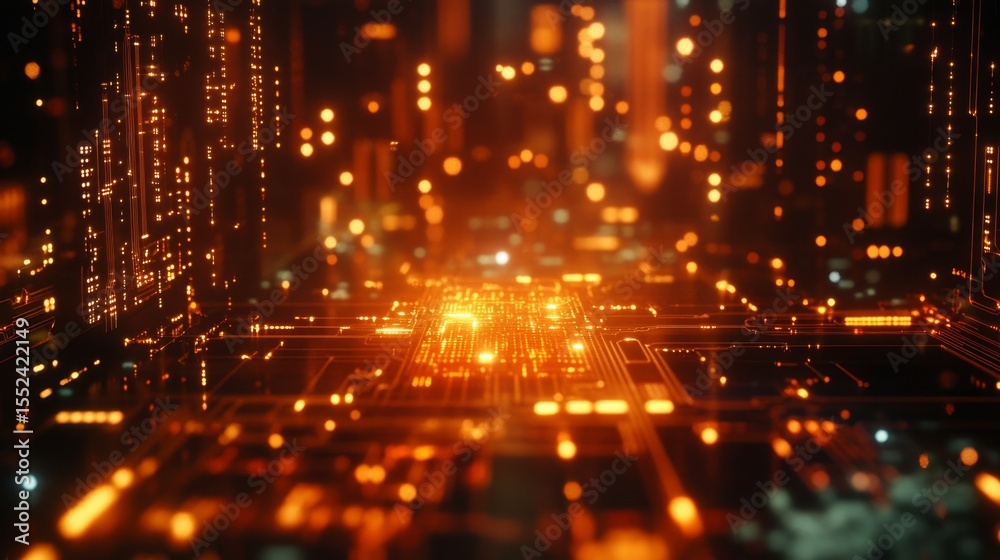 Poster exploring a glowing digital machine structure in an urban environment 3d visualization futuristic co