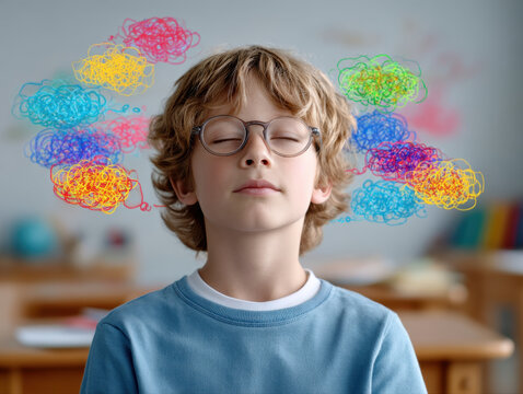 Boy with glasses meditating with colorful scribbles around head, peaceful expression, indoor classroom background