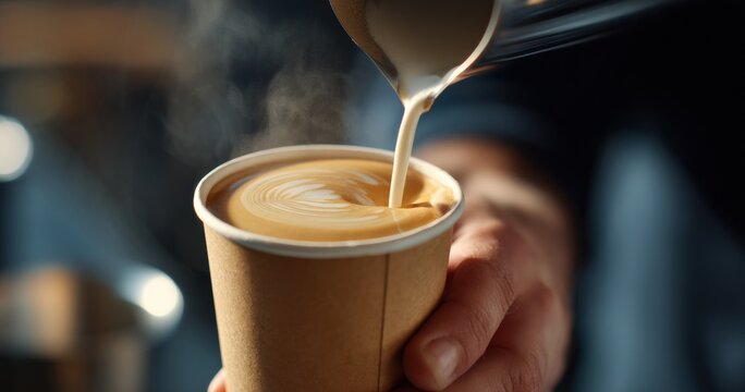 Barista preparing takeaway cappuccino pouring steamed milk into paper cup creating latte art, coffee shop concept