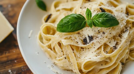 Creamy Fettuccine Pasta with Basil and Parmesan Cheese, Close-Up Food Photography
