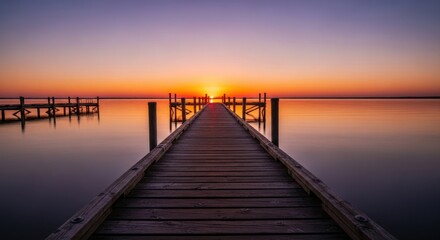 Majestic Wooden Pier Stretching Towards a Fiery Sunset Over Calm Water