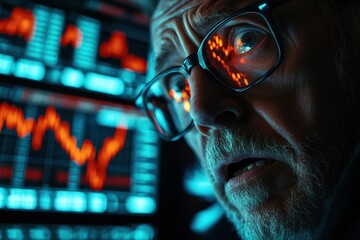 Elderly man analyzing stock market data on digital screen with intense focus and glasses