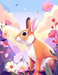 Obraz premium rabbit, animal, bunny, mammal, hare, wild, fur, easter, brown, ears, grass, nature, wildlife, baby, fluffy, pet, cute, isolated, furry, cottontail, pets, animals, ear, rabbits, field