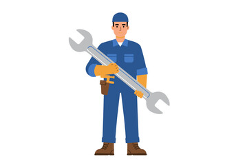 Cartoon Mechanic Holding a Large Wrench in Blue Overalls and Brown Boots.
