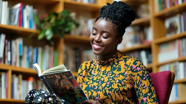 A young African woman with braided hair smiles while reading a book in a cozy library filled with bookshelves. She wears a colorful patterned dress. Generative 4k video.