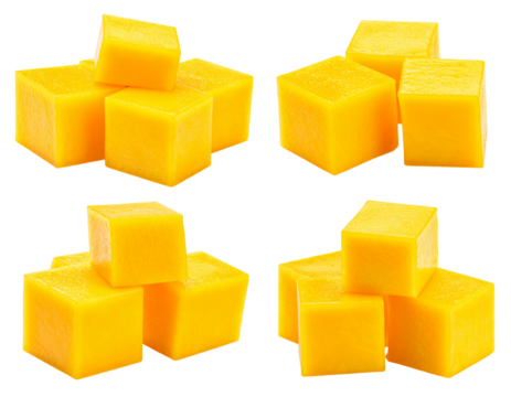Four sets of vibrant yellow, cubed fruit pieces