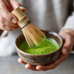 Green tea powder bamboo whisk ceramic bowl hand holding traditional matcha tea preparation close up healthy drink natural powder beverage Asian