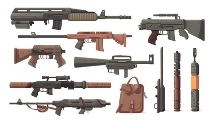 Assorted Firearms and Tactical Gear Illustration for Action or Gaming Concept