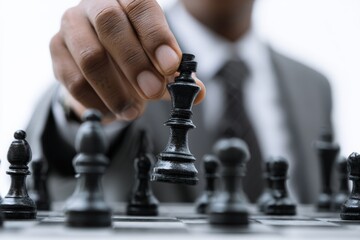 Businessman playing chess, moving a black king piece on the chessboard, illustrating strategy, planning, and decision making in business