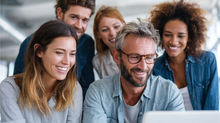 Smiling diverse group of people working together on laptop in modern office, showing teamwork and positive collaboration atmosphere