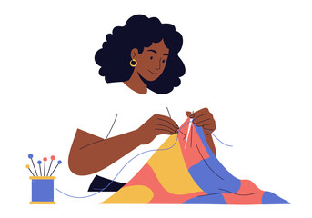 Woman Sewing Colorful Quilt with Needle and Thread Pins in Spool.