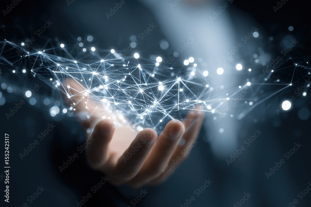 Poster Hand showcasing a glowing digital network, symbolizing the fusion of business and technology in cloud software development