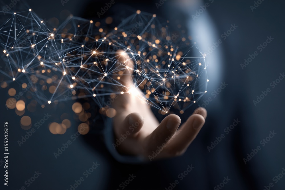 Aufkleber Hand demonstrating connection between business and technology in cloud software creation, with light effects highlighting connection on dark background