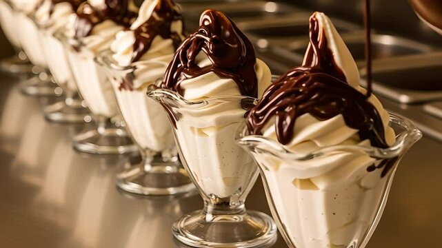 Ice cream sundaes get chocolate drizzle. Dessert focus. Perfect for promoting restaurants, ice cream shops, sweet treats, and summer specials. Indulgence!