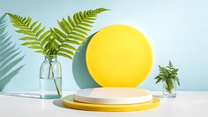 Summer product display with ferns and yellow circle