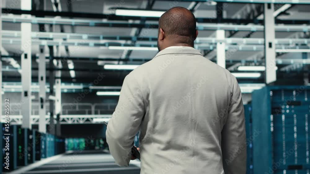 Poster admin walking in high tech data center facility with multiple rows of fully operational supercompute