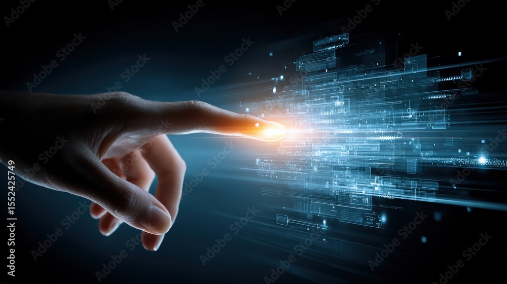 Poster Finger activating digital interface with light effects on dark background, representing technological innovation in business and web design
