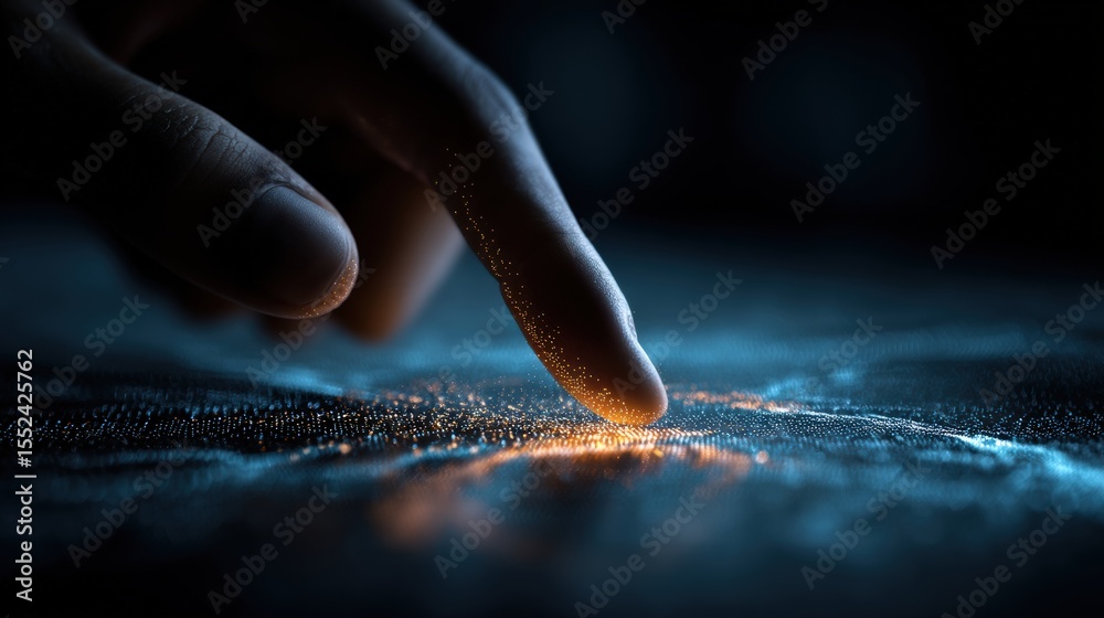 Poster Close up of a finger interacting with a futuristic digital interface, activating a glowing light effect on a dark background, symbolizing technological innovation