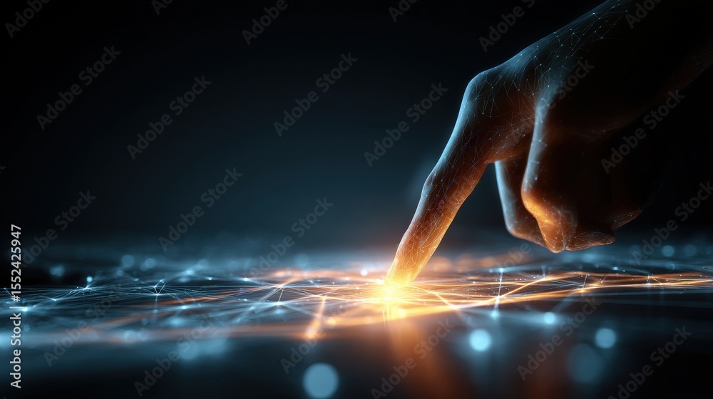 Poster Finger activating glowing digital interface on futuristic screen, exploring technological innovation and user experience